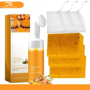[TURMERIC&KOJIC]Turmeric Wash and Care tow Piece Set, Tuemeric Facial Cleanser & Turmeric Soap Combo, Turmeric Cleansing Mousse, Face Wash and Soap Bundle for Face & Body Deep Cleansing (1pc Turmeric Wash+3pc Soaps)