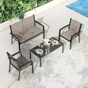 4 Piece Patio Furniture Set, Outdoor Conversation Set with Loveseat, 2 Chairs & Glass Coffee Table, All-Weather Breathable Textilene Fabric, Metal Frame Bistro Set for Backyard, Pools, Brown/Grey/Black