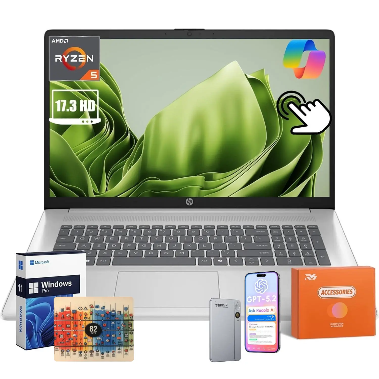HP Flagship 17 inch Touchscreen Laptop, 8/16/32GB RAM, 256GB/512GB/1TB/2TB SSD, AMD Ryzen 5 7430U(6 Core), 17.3” HD+ Touch Display, Windows 11 Pro, Copilot AI, Wi-Fi 6, Bluetooth 5.4, HD Cam, Free Mouse Pad/Accessories