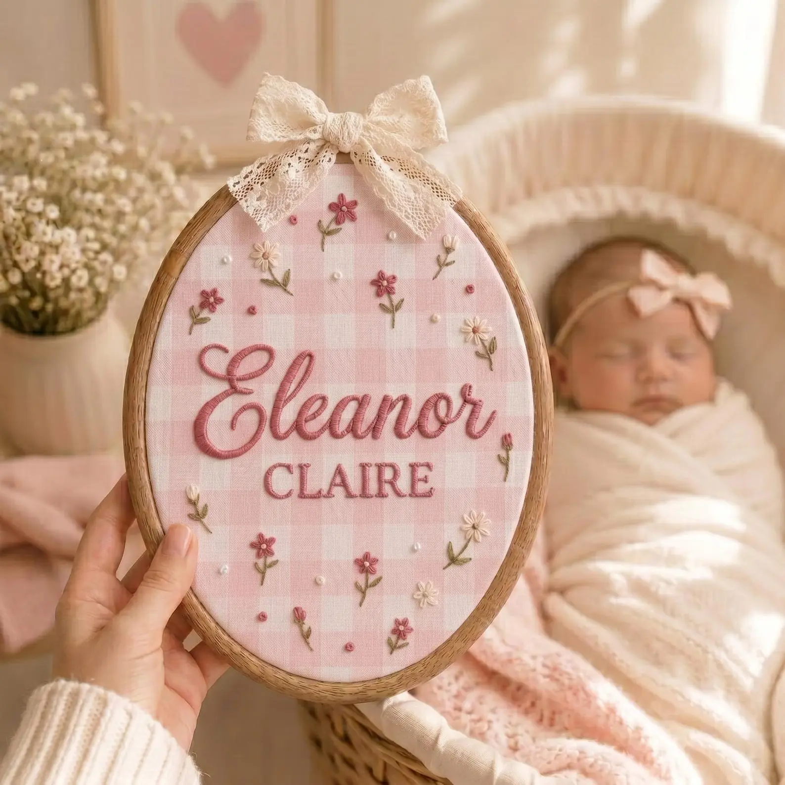 Personalized Embroidered Floral Baby Name Hoop, Baby Name Reveal Sign Heirloom, Baby Name Wall Decor, Baby Shower Gift, Newborn Keepsake