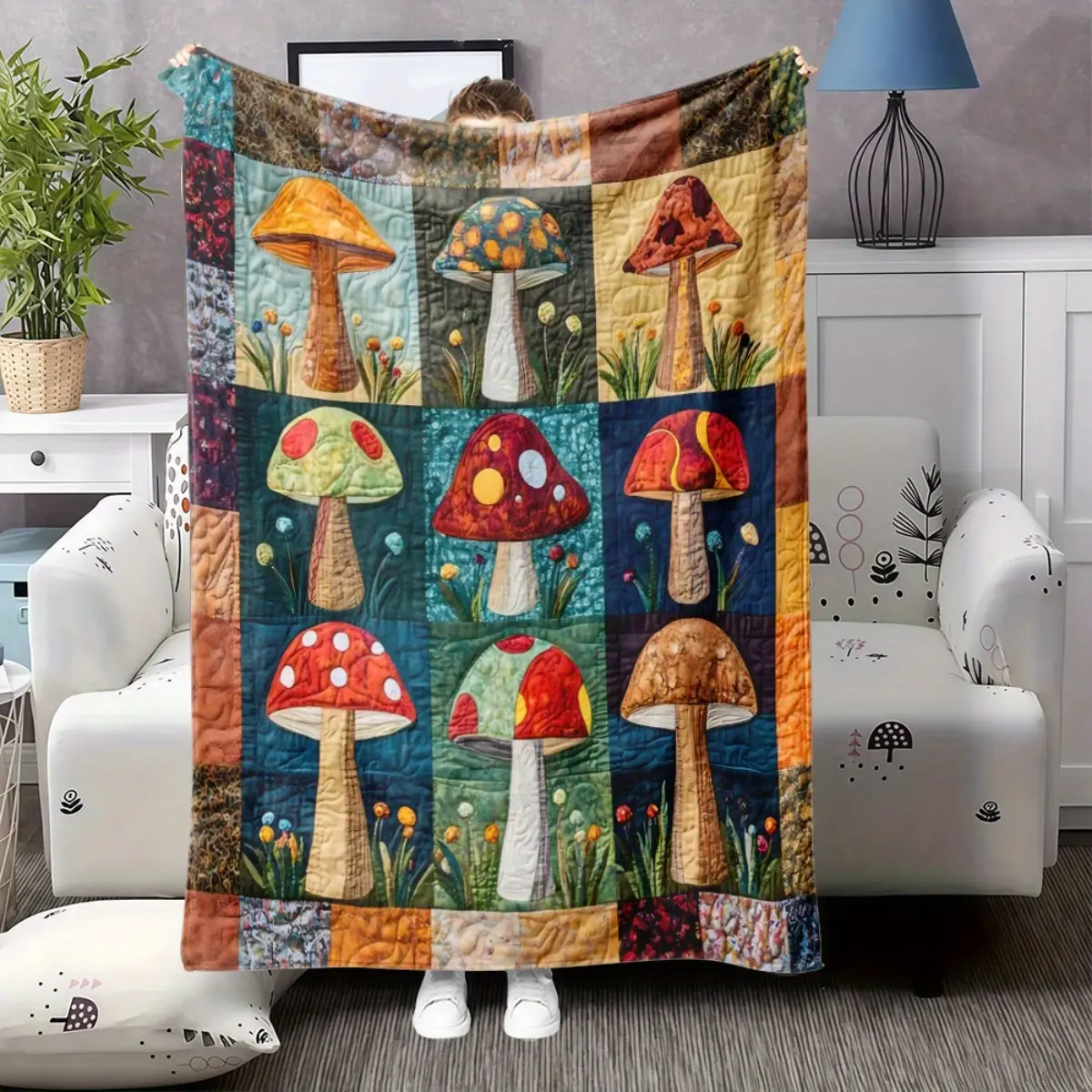 Soft Flannel 1pc Vintage Mushroom Print Bedding Throw - Retro Botanical Fungi Design, Cozy Bedroom Bedspread Coverlet Blanket, Decorative Soft Warm Throw for Lovers, Bedroom Blanket