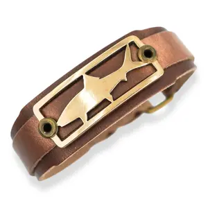 Bonefish Fishing Bracelet, Bronze Badge on Tapered Brown Leather Cuff, Adjustable Saltwater Bracelet