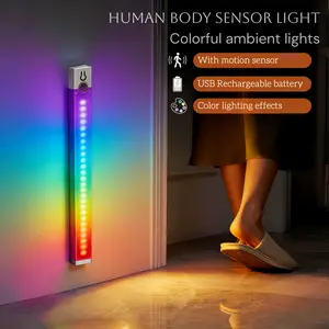 LED Motion Sensor Cabinet Light RGB Atmosphere Night Lamp USB Rechargeable Battery Magnetic Mount No Drilling Installation