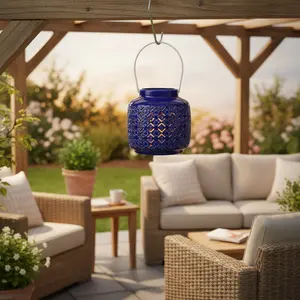 5.5IN LED Birds Eye Ceramic Lantern - Handcrafted Navy
