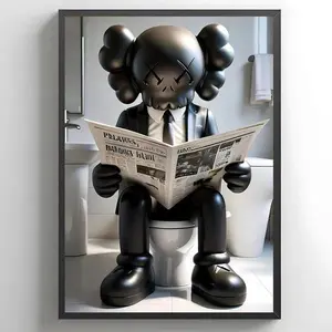 Kaws Sitting on Toilet Reading Newspaper Poster (Unframed), Hypebeast Figure Print, Black Kaws Minimalist Decor, Printable Kaws Hypebeast Art