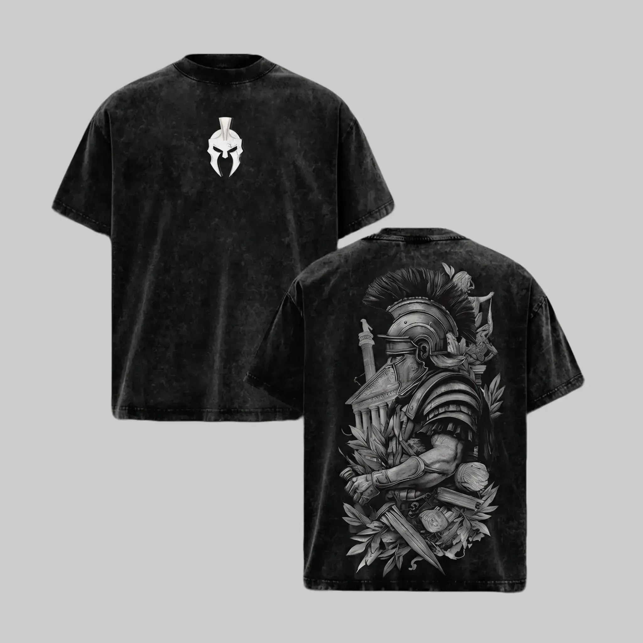 Spartan Warrior - Vintage Washed Graphic Tee Oversized Tshirt Men Streetwear Heavy Cotton Fall Outfits Clothes Men Retro Style Historical Graphic T-Shirt Roman Gladiator Armor Art Vintage Tees Trendy T-Shirts Gift for Men