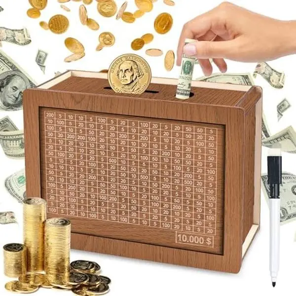 Cash Saver Box Cash Vault Wooden Savings Box Money Box with Counter Wooden Cash Storage Bank Retro Cash Saver Wooden Money Jar Piggy Bank with Numbers Tick for Children and Adult(10000 Dollar)