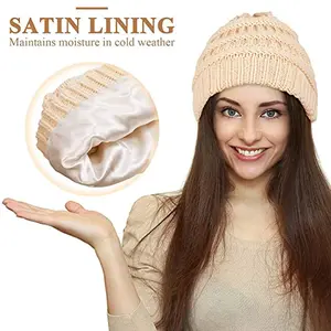 Women Winter Warm Satin Lined Knitted Hat,Knitted Hat,Lightweight Casual Outdoor Riding,Skiing Windproof Fleece Lined