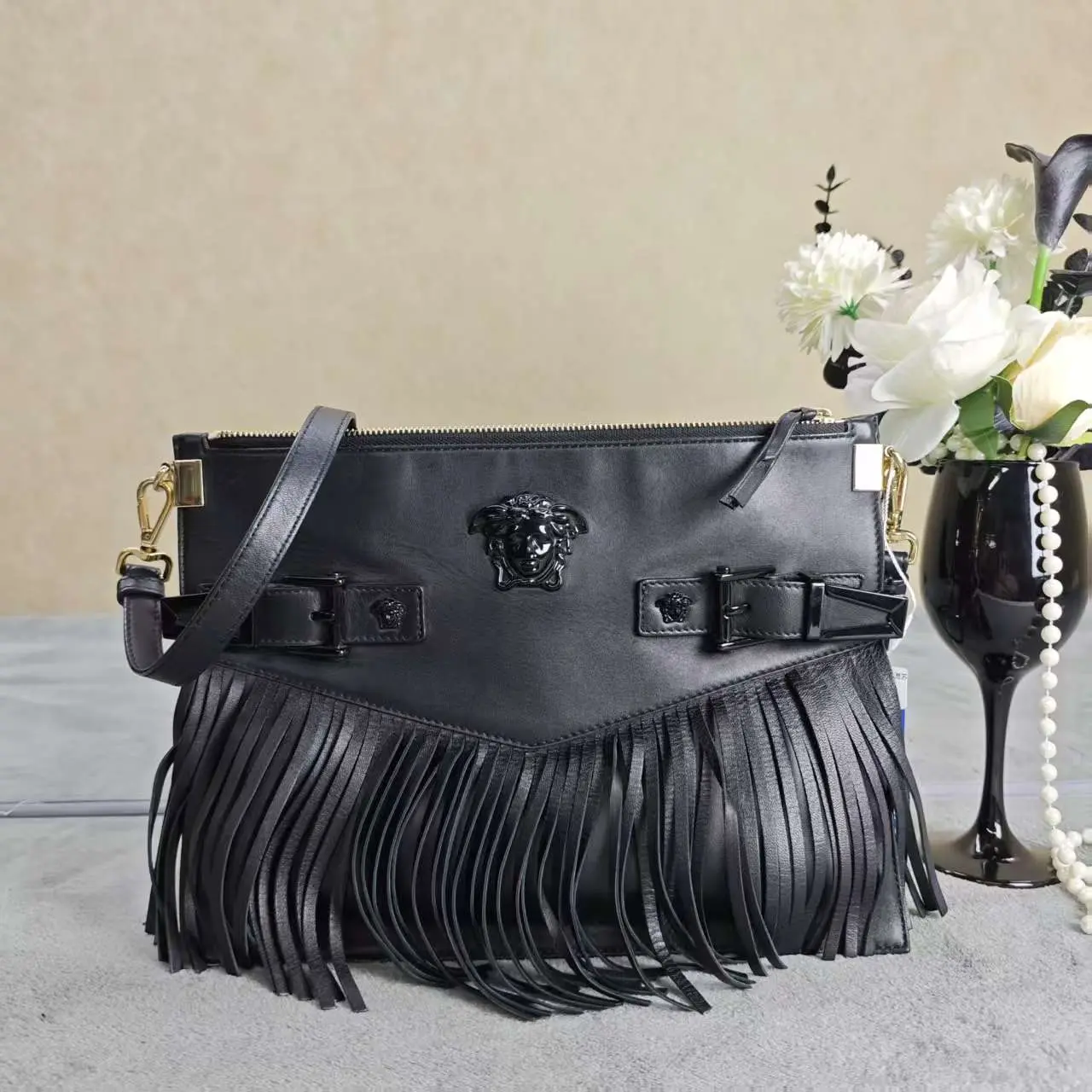 Pre-owned VERSACE leather Crossbody Bags Medusa Fringed Crossbody Bag 315871