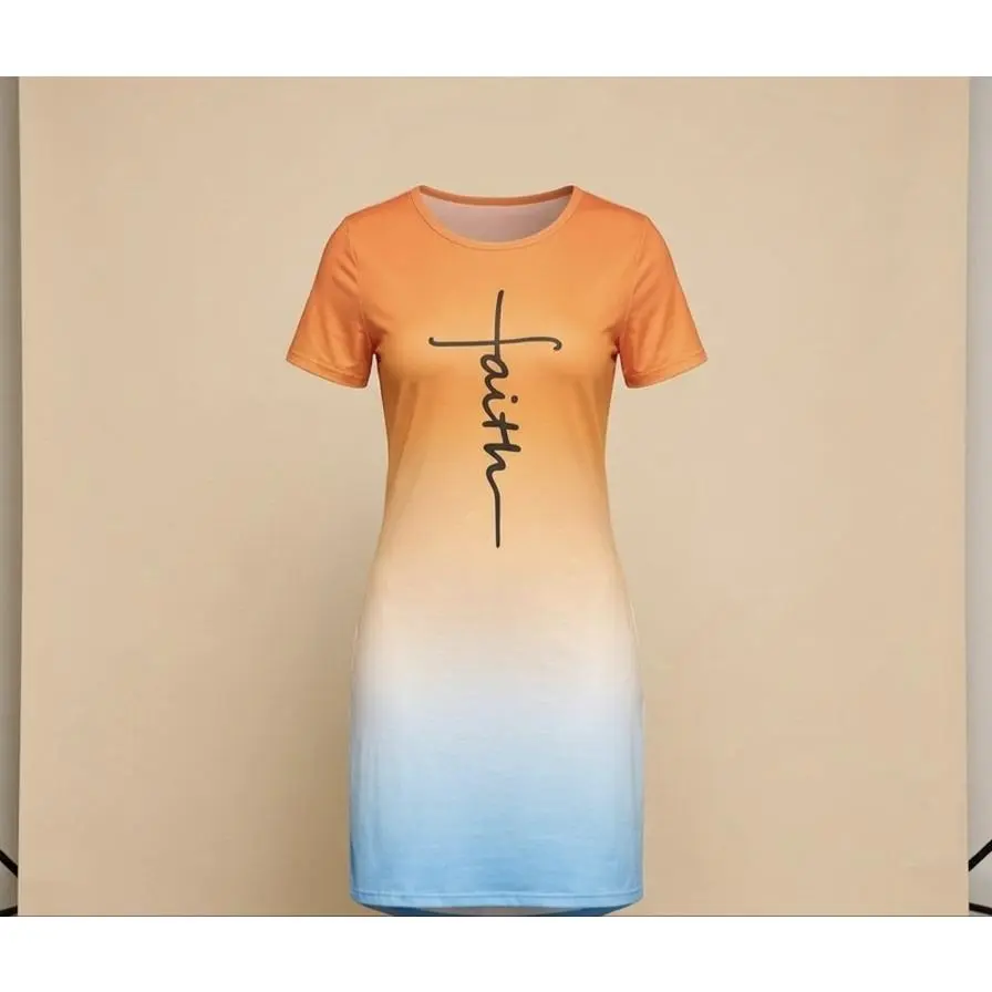 Faith Gradient T-Shirt Dress with Cross Design for Women