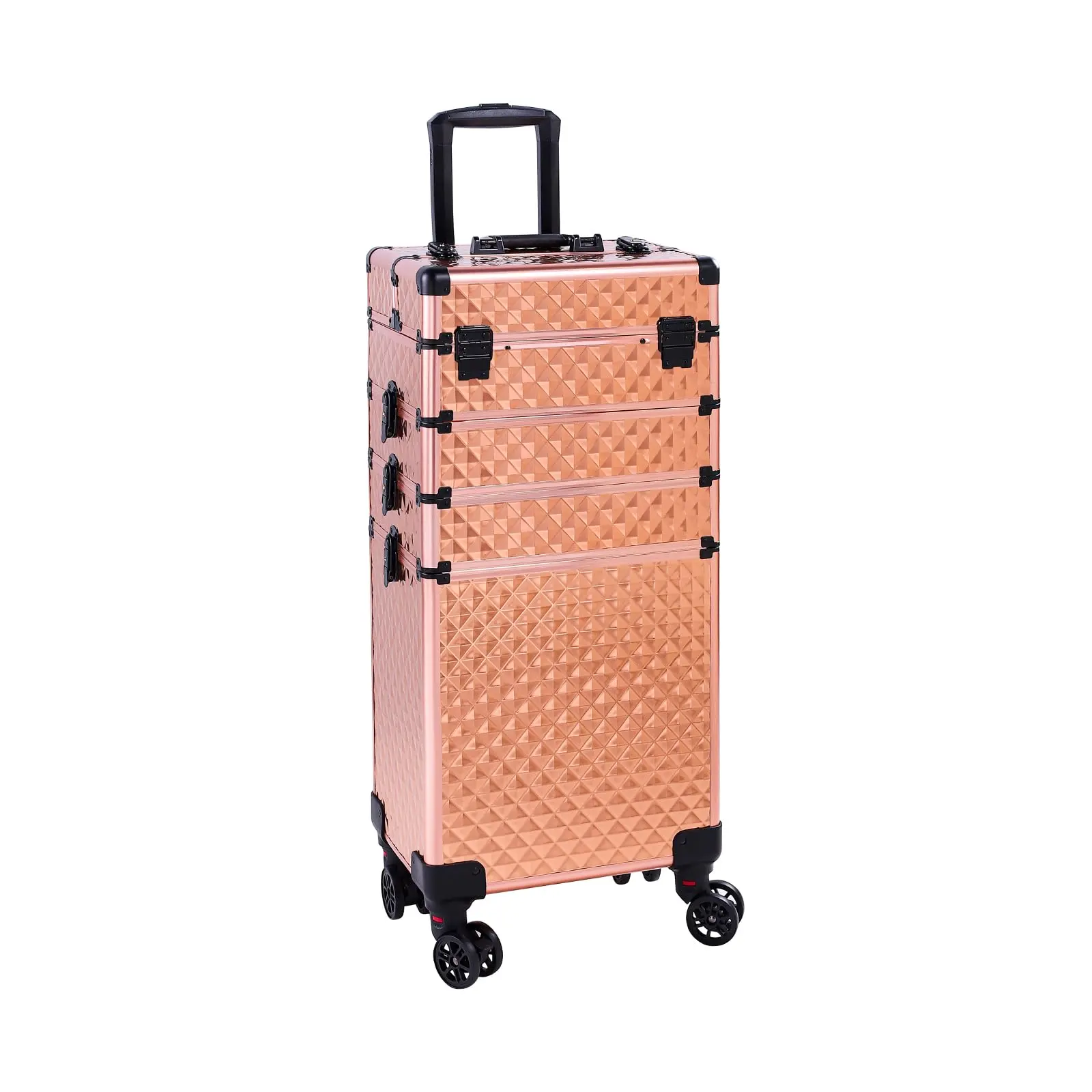 Professional Makeup Train Case in Metallic Rose Gold, 4-in-1 Rolling Trolley with Durable Aluminum Body, Unique Draw-Bar Style, and 360° Wheels, Unique Look, 13.78X9.84x29.53in, 35X25x75cm, Handle Pull