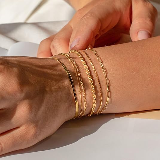 6PCS Elegant Thin Bracelet Set for Women, 14K Gold Plated Stackable Bracelets, Dainty Cuban Link Paperclip Chain Beaded Rope Bracelet, Waterproof Non Tarnish Fashion Jewelry, Trendy Gifts for Women & Teen Girls 6PCS Elegant Thin Bracelet Set for Women, 14K Gold Plated Stackable Bracelets, Dainty Cuban Link Paperclip Chain Beaded Rope Bracelet, Waterproof Non Tarnish Fashion Jewelry, Trendy Gifts for Women & Teen Girls