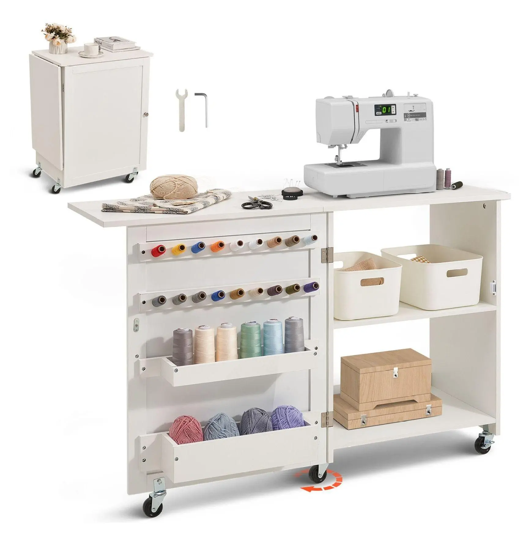 Folding Sewing Table with Storage, Sewing Machine Desk Cabinet - White, Multipurpose Craft Table with Wheels, Shelves & Trays