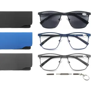 Reading Glasses for Men Women Blue Light Blocking Square Metal Readers Lightweight&Comfortable Cheater Glasses 3 Pack