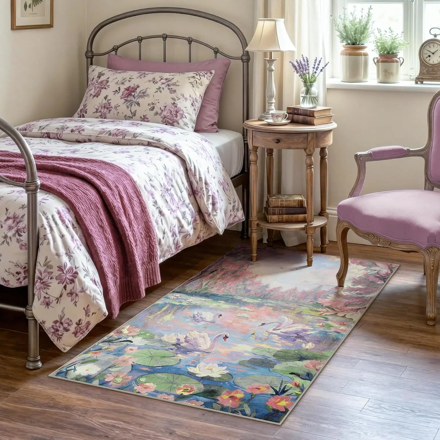 Tribesigns Washable Swan 3x5 Pink Rugs for Bedroom Girls, Soft Boho Living Room Nursery Area Rug, French Country Floral Non-Slip Low Pile Indoor Carpet for Dorm Bathroom Kids Playroom, Pink/3x5