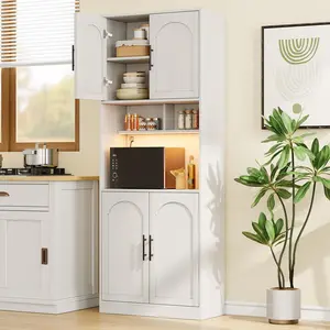Tall Kitchen Hutch Bar Cabinet with Microwave Stand Kitchen Pantry Cabinet with RGB Light  Farmhouse Large Wood Storage Cabinet with 2 Open Shelves and Barn Doors Cupboard for Dining Room  White