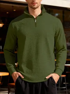 A men's solid color simple casual half-zip sweater, comfortable and skin-friendly fabric, small square pattern, exquisite and showing texture, a must- for men's daily wear.