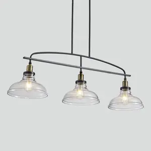 3-Light Industrial Pendant Light with Clear Glass Shades, Black Metal Frame Adjustable Height Hardwired Ceiling Chandelier, E26 Multi-Bulb Compatible Rustic Hanging Lighting, Easy Install Decorative Fixture for Kitchen Island Dining Room Living Room