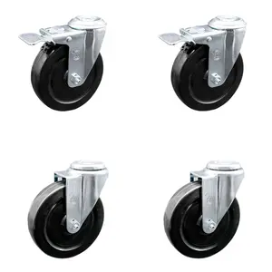 212 MAIN Stainless Steel Rubber Castors with Hard Rubber Swivel Bolt Hole, Lock Brake, 5x1.25 in. Black Wheels, Chemical Resistance - Set of 4 (SCC-SSBHTTL20S514-HRS-2-S-2)