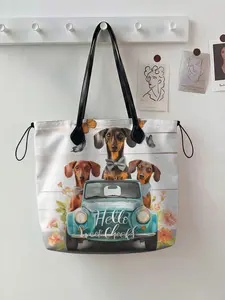 Dog Pattern 2D Print Drawstring Tote Bag, Large Capacity Shopping Bag, Durable and Versatile for Work, Shopping, and Picnics