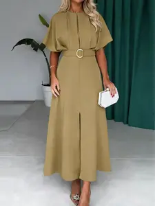 ZANZEA Women's Solid Color Dress, Round Neck Half Sleeve Waist Cinched Hem Split Design, Casual Wear, Suitable for Daily Commuting and Outings