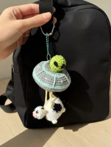 Crochet UFO Keychain, Alien Cow Abduction Charm, Amigurumi Bag Accessory, Sci-Fi Gift