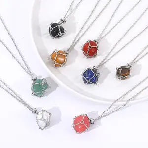 13PCS Cage Necklaces, Natural Crystal Net Bag Pendant, Metal Bamboo Necklace, Irregular Rough Stone Rolling Stone Pendant Jewelry