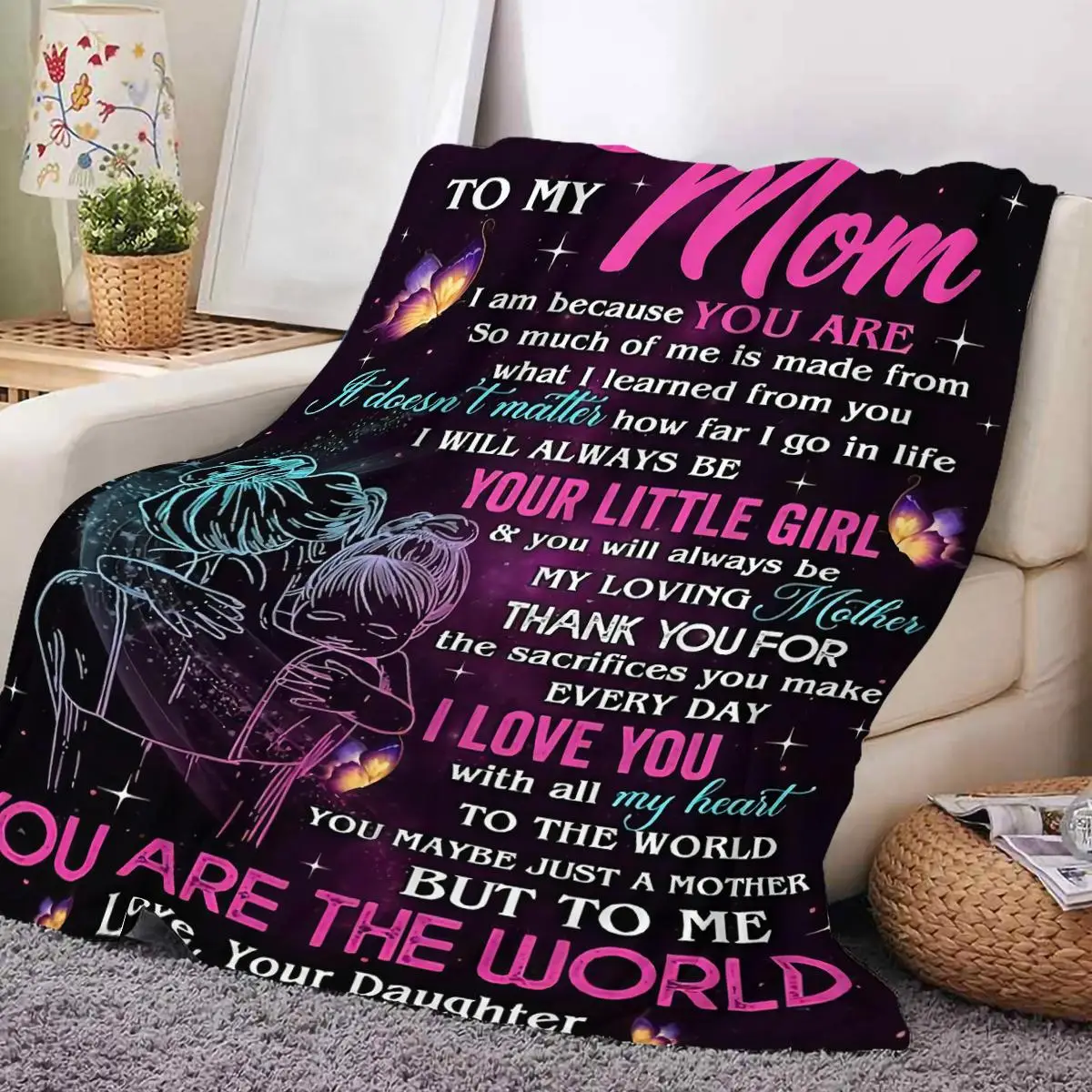 To My Mom Letter & Figure Print Blanket, Soft Throw Blanket, All Season Blanket, Breathable Comfortable Blanket, Comfy Bedding for Halloween Decor, Ai
