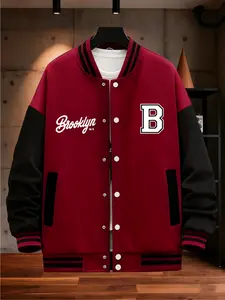 Men's Colorblock Full-Sleeve Streetwear Vintage Brooklyn Ny Bold B Script Print Baseball Collar Stretch Casual Sport Jacket