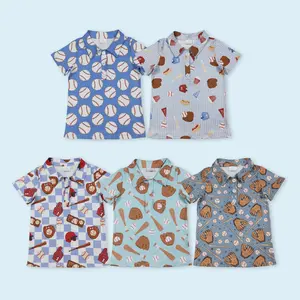 Baseball print kids boy short sleeve button down t-shirt top