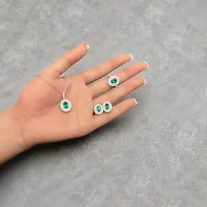 Elegant Set of 18 Necklace Earrings and Ring Size 7 in Silver with Created Emerald and White Sapphire Stones for Women