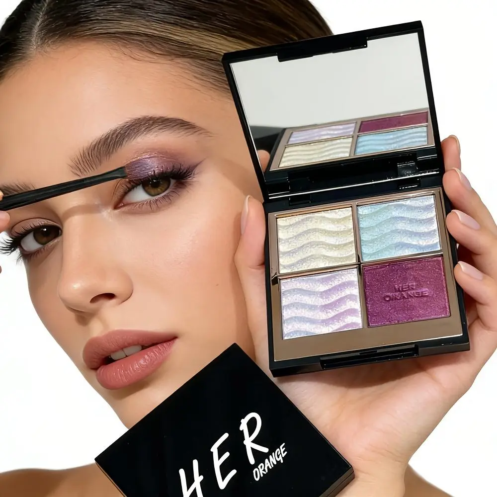 Herorange 4 Color Eyeshadow Palette with Brush Iridescent Glitter Shimmer Multi-Use as Highlight & Blush for Daily Party & Gift