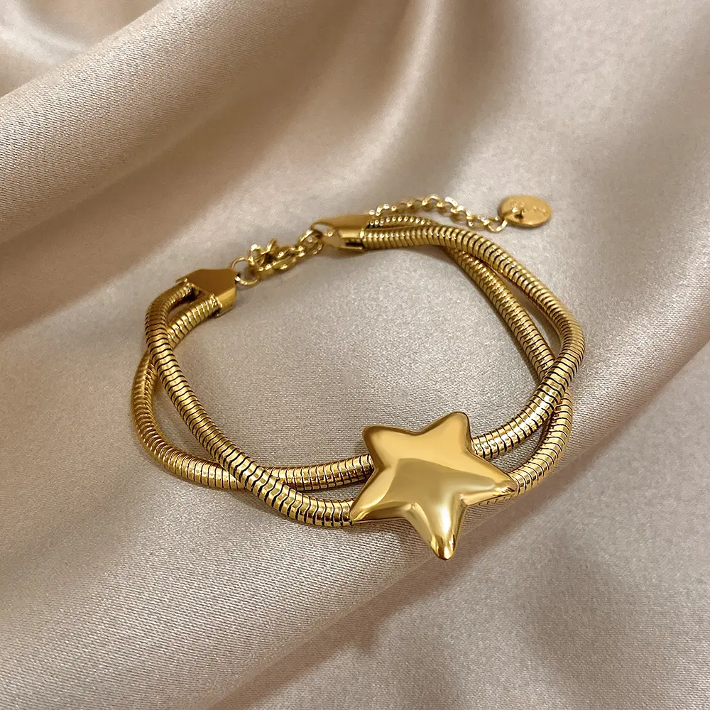 Women's Stainless Steel Star Bangle Bracelet - Vintage Double-Layer Chunky Chain, Adjustable Elastic Fit, Waterproof, 17+5cm Chain Length for Daily Wear