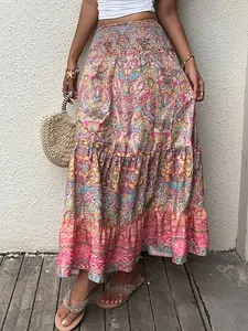Paisley Print Bohemian Style Long Dress, Layered Ruffle Hem, Waist Belt, Elegant Women's Summer Casual/swimwear Dress, Casual Boho Chic