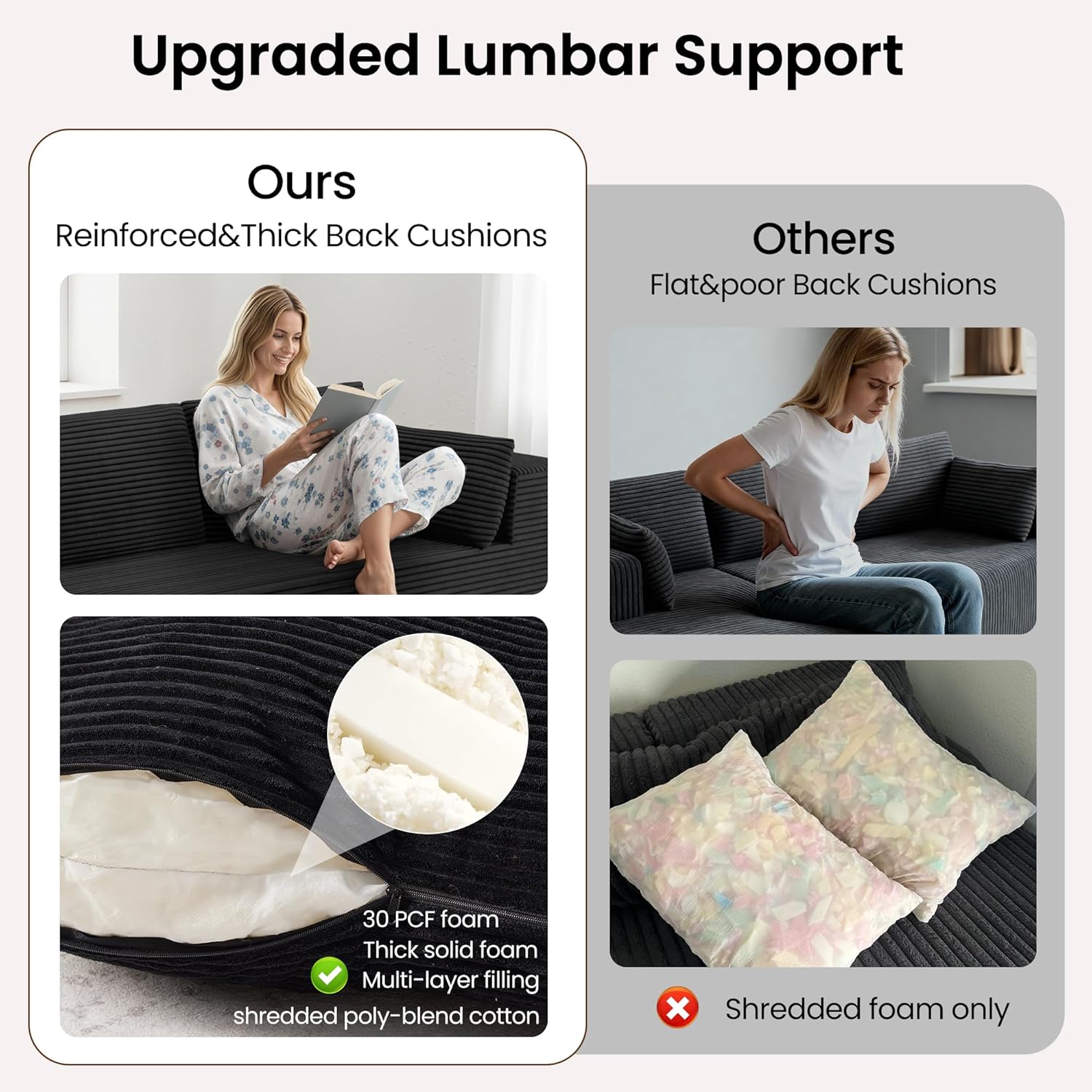 108” Modular Sectional Sofa, Cloud Sectional Couch with Deep Seat, Modern Modular L-Shape Sofa Couch with Chaise,Upholstered Boneless Couches for Living Room Bedroom (Black, Left Facing Chaise)