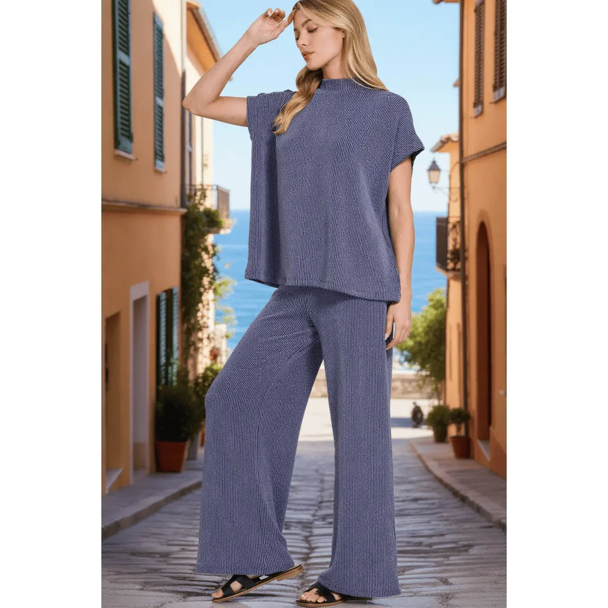 Zenana Ribbed Short Sleeve and Wide Leg Pants Set, Spandex, Lady, Elastic, Shortsleeve