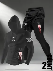 Men's Two-Piece Set American Flag Training, Long Sleeve Hooded Compression Tee & Double-Layer Gym Shorts, Patriotic Gym Workout Gear