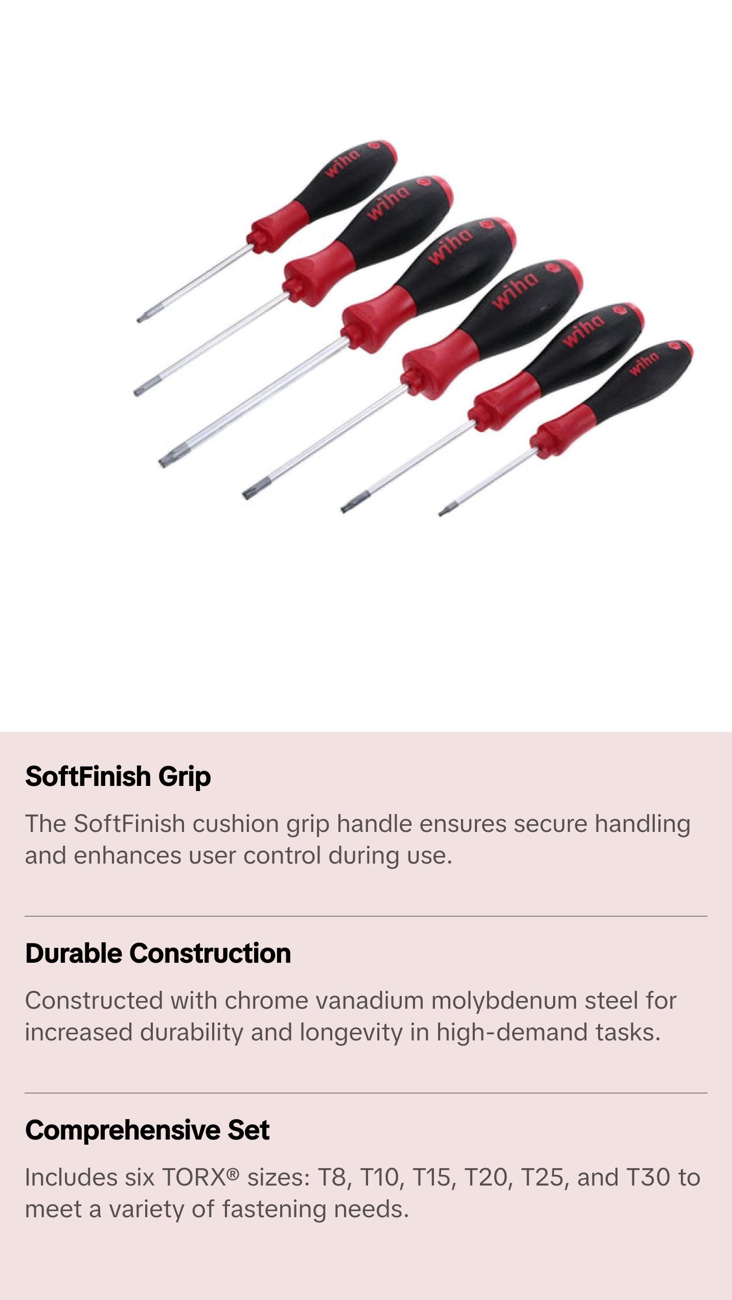 Wiha Tools 36290 SoftFinish MagicSpring Screw Holding TORX® Screwdriver Set, 6 Pc.