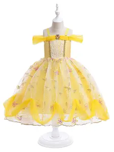 Yellow Embroidered Tulle Cartoon Cosplay Costume Fancy Carnival Kids Clothes Princess Girls Ball Gown Children Cocktail Dress for all Season 2 to 10 Years