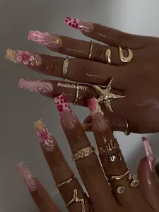 jasonj.nail Crystal Charm Statement Press-On Nails, Mixed Color Rhinestone and Metallic Ring Detail, Glossy Nude Base, Maximalist Trendy Aesthetic Nail Art, Custom Handmade Set