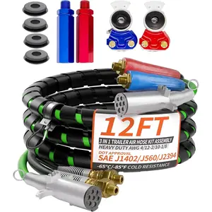 12FT 3 in 1 Trailer Air Line Hose Kit Assembly with Gladhands Handles Seals 7 Way ABS Electrical Power Cable Airline Hose Wrap for Semi Trucks Trailer Tractor