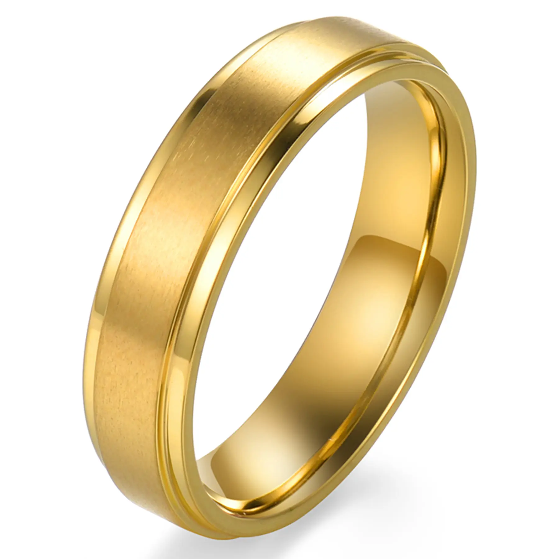 OIDEA Mens 6mm Hypoallergenic Titanium Wedding Ring - Gold Tone, Polished Beveled Stepped Brushed, Comfort Fit Textured Band - Contemporary Statement Ring for Engagement Anniversary Gift, Hypoallergenic Wedding Ring, Textured Band Ring