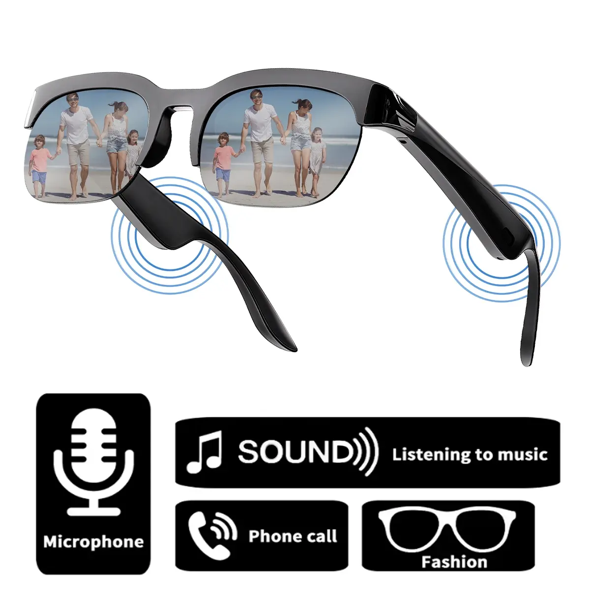 Smart Bluetooth Wireless Audio Glasses, Men's and Women's Sunglasses, Ear-opening Microphone and Speaker, Magnetic Charging, Color-changing Polarized Sunglasses Lenses, Voice Assistant, for Both Indoor and Outdoor Use