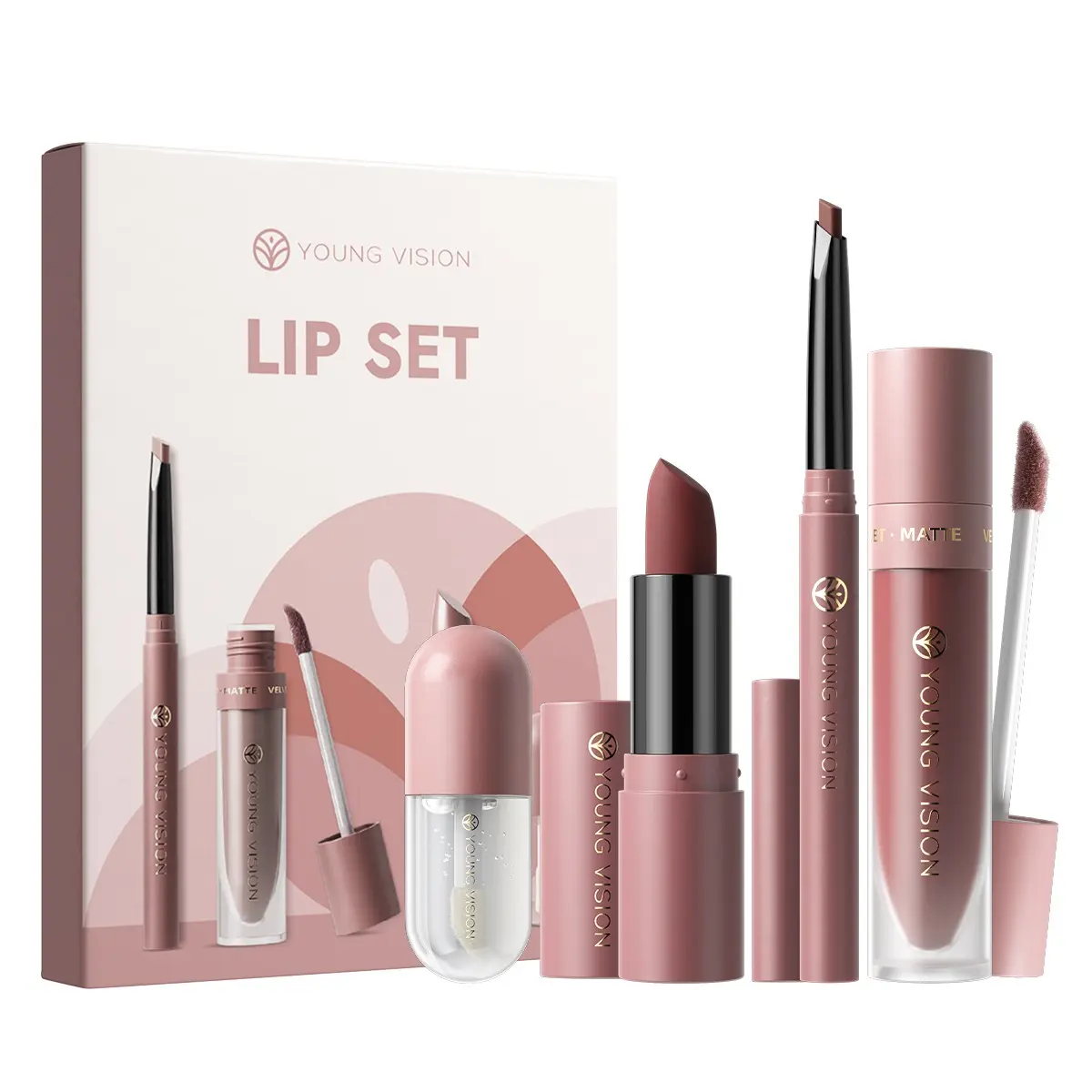 YOUNG VISION Four-In-One Lip Makeup Set, Lip Combo, Lip Gloss, Rich Shades for All Skin Tones, Matte Velvet Texture, Smooth Finish, Elegant Gift Box Packaging, Gloss Lipstick