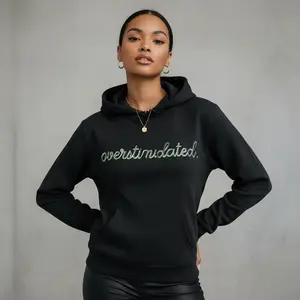 Women's Overstimulated embroidered print Graphic Hoodie Durable Print, Everyday Comfort, Machine Washable, casual sporty rustic wooden table