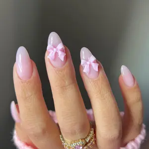 Almond Fake Nail, 24pcs/set Bow Decor Press on Nails with Nail File & Jelly Glue, Removable Full Cover Artificial Fake Nail for Women & Girls
