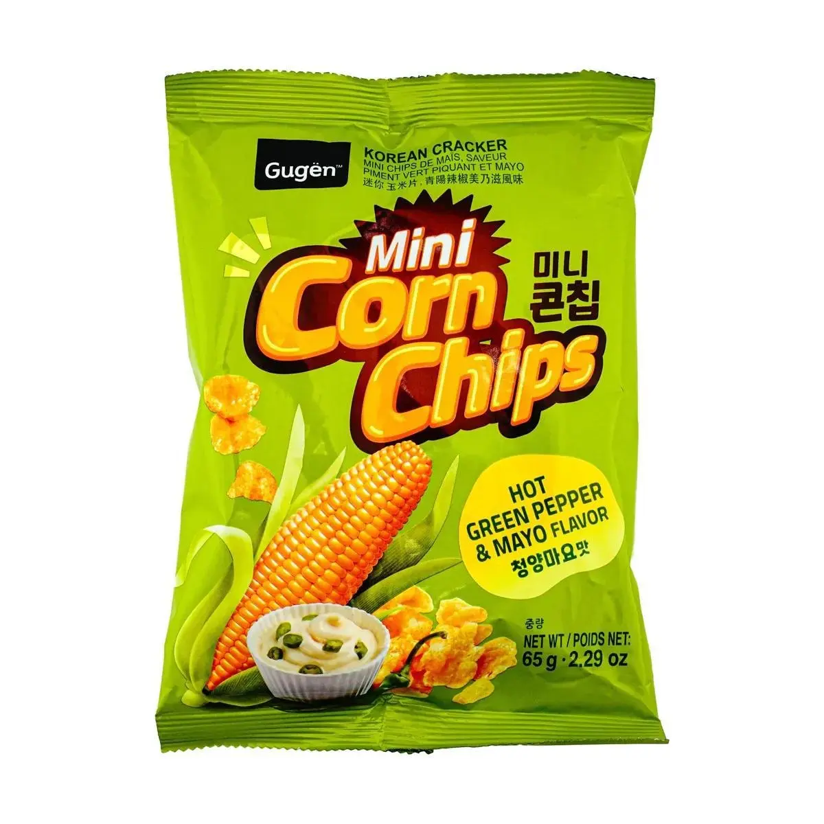 GUGEN Mini Corn Chips, Hot Green Pepper & Soy Sauce Mayo Flavor 2.29oz