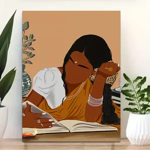 Boho Indian Woman Reading Canvas Wall Art, 2D HD Print South Asian Culture Poster, Framed/Unframed Wall Decor for Home, Modern Ethnic Woman Artwork, Great Home Decoration Gift