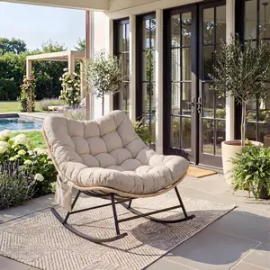 Indoor Outdoor Patio Rocking Glider Chair – 450 lbs Capacity – Weather-Resistant Rattan, UV-Proof Cushion & soft Toy Fleece Upholstery – Sturdy Rubber Wood & Reinforced Steel Frame – Tool-Self-Assembly, Side Pocket – Beige, 35.2x24.8x40.94 in