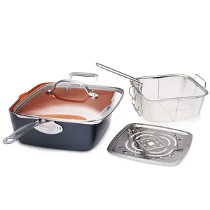 9.5" Deep Squre Nonstick Pan with Steamer Tray, Fry Basket and Glass Lid